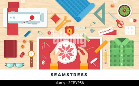 Handmade seamstress. Vector flat illustration. Hobby and leisure concept. Top view. Stock Vector