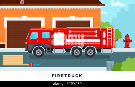 Fire engine truck emergency vehicle in modern vector flat set illustration. Staff and fire trucks in front of station Stock Vector