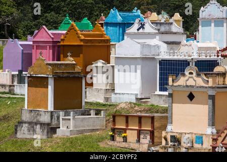 Architecutral detail of colorful burial crypts in the cemetery of Chichicastenango, Guatemala. Stock Photo