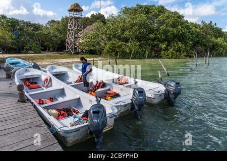 The observation tower and boat dock at the Muyil Lagoon in Sian Ka'an, a UNESCO World Biosphere Reserve. Stock Photo