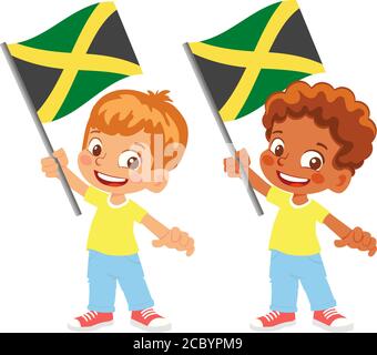 Jamaica flag in hand. Children holding flag. National flag of Jamaica vector Stock Vector