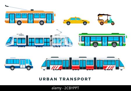 Public city transport. City cars and vehicles transport. Urban transportation icons set. Vector flat set illustration Stock Vector