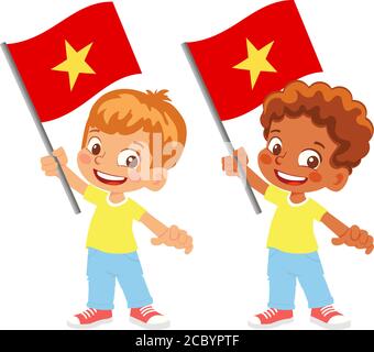 Vietnam flag in hand. Children holding flag. National flag of Vietnam vector Stock Vector