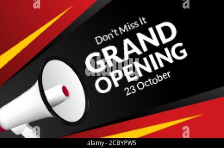 announcement grand opening with megaphone speaker at corner with black and red yellow color background. flayer marketing banner template for business Stock Vector