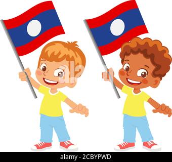 Laos flag in hand. Children holding flag. National flag of Laos vector Stock Vector
