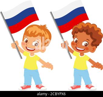 Russia flag in hand. Children holding flag. National flag of Russia vector Stock Vector