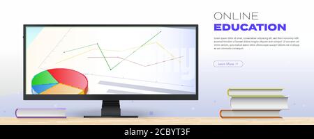 Concept of online education. Wide large-format computer monitor showing charts and graph. Training programs on internet. Vector 3d illustration Stock Vector