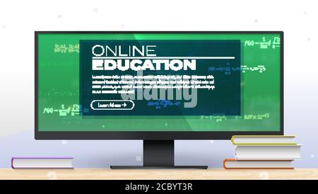 Online education, E-learning. Computer monitor with books on table. Math formulas on screen. Concept for online course. Vector 3D illustration Stock Vector