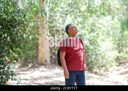 Portrait of a happy activity athlete senior man carrying a backpack, enjoying beautiful view. Healthy old man on a hiking trip. Soft focus. Stock Photo