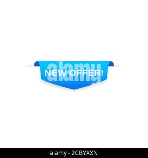 New offer badge blue banner ribbon. Label. Tag. Top bookmark. Sticker icons templates. Vector on isolated white background. EPS 10 Stock Vector