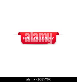 Free delivery badge red banner ribbon. Label. Tag. Top bookmark. Sticker icons templates. Vector on isolated white background. EPS 10 Stock Vector