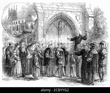 Engraving of two scenes from the Protestant Reformation - Lutterworth Church in England, the parish of John Wycliffe, and John Tetzel selling indulgenses in Germany Stock Photo