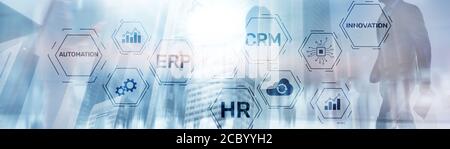 Erp Crm Hr Innovation inscriptions and icons on business background. Stock Photo