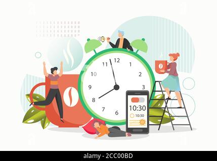 Wake up alarm clock, tiny characters sleeping, awaking, drinking coffee, vector flat illustration Stock Vector