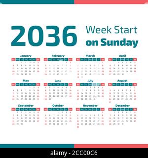 2036 Calendar with the weeks start on Sunday Stock Vector