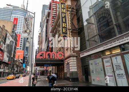 New York, United States. 16th Aug, 2020. General view of AMC movie theater on 42nd street in New York on August 16, 2020 planned to be open on August 20. In order to commemorate its centennial AMC is offering moview in 2020 at 1920 prices on opening day. That is 15 cents a ticket. (Photo by Lev Radin/Sipa USA) Credit: Sipa USA/Alamy Live News Stock Photo