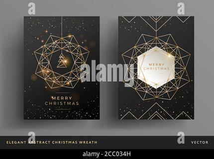 Christmas card gold and black background design. Stylized christmas wreath and christmas tree modern design. Elegant line art background template for Stock Vector