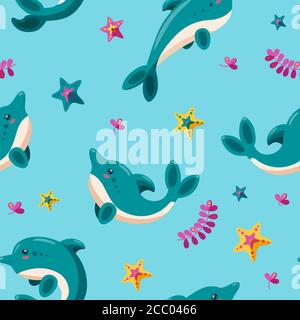 Seamless pattern with dolphins, starfish and seaweed. Pattern for backgrounds, wallpapers and textile. Cartoon vector illustration in light blue Stock Vector