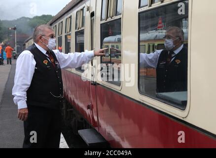 Wansford, UK. 15th Aug, 2020. The Nene Valley Railway have resumed running steam trains from Wansford to Peterborough after the COVID-19 Coronavirus pandemic forced them to stop during lockdown. The 92 Squadron Battle of Britain 34081 steam train has been prepared and is ready to go, with the carriages having their capacity reduced to allow for new social distancing guidelines. Credit: Paul Marriott/Alamy Live News Stock Photo