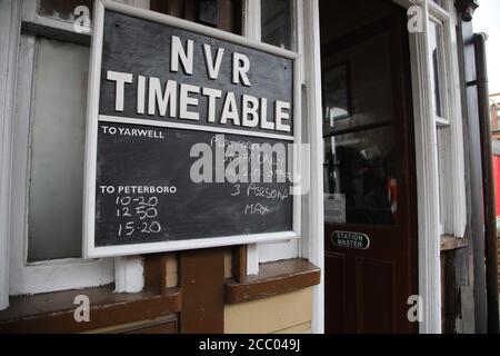 Wansford, UK. 15th Aug, 2020. Today's timetable as the Nene Valley Railway have resumed running steam trains from Wansford to Peterborough after the COVID-19 Coronavirus pandemic forced them to stop during lockdown. The 92 Squadron Battle of Britain 34081 steam train has been prepared and is ready to go, with the carriages having their capacity reduced to allow for new social distancing guidelines. Credit: Paul Marriott/Alamy Live News Stock Photo