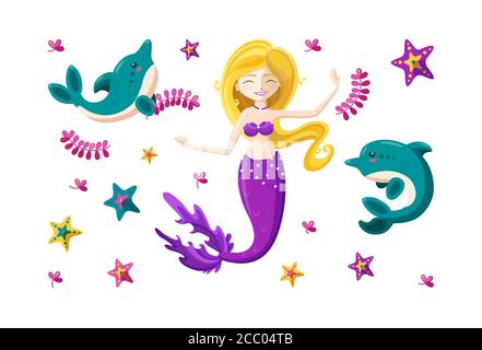Set with fairy mermaid, cute little dolphins and colorful starfish. Dancing happy mermaid with waving golden hair. Cartoon vector illustration. Stock Vector
