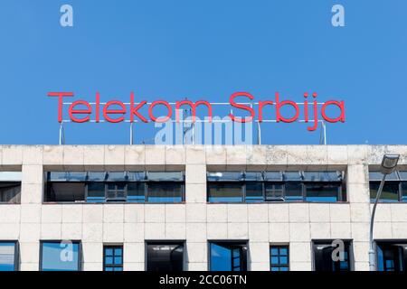 BELGRADE, SERBIA - JULY 21, 2020: Telekom Srbija logo sign on their headquarters in Belgrade Stock Photo