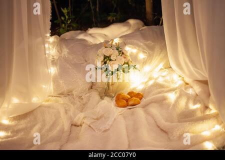 Soft plaids on the grass, bouquet with roses, plate with croissants, white canopy on the Tree. Evening photo zone in nature. Stock Photo
