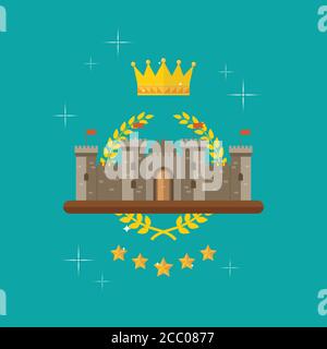 Crown and castle with monarch symbols. Symbol of victory and achievement. Vector illustration Stock Vector