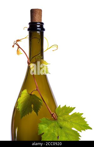 Bottle of wine corc cap grape leaves branch white background Stock Photo