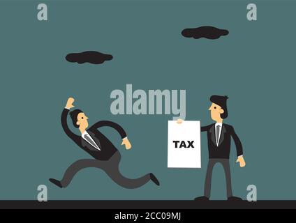 Cartoon businessman running away from tax collector. Vector illustration on tax evasion concept. Stock Vector