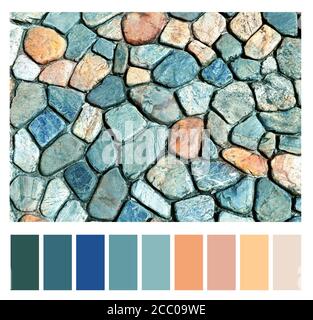 Color matching palette with complimentary colour swatches. Texture of ancient paving stone of blue, gray, red and yellow colors Stock Photo