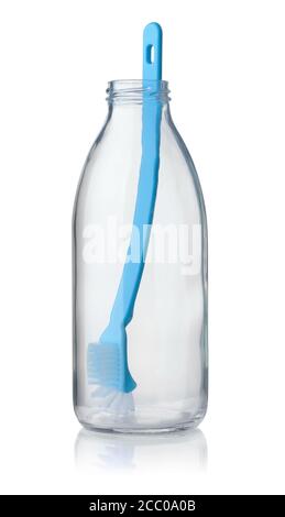 Blue plastic brush in glass bottle isolated on white Stock Photo