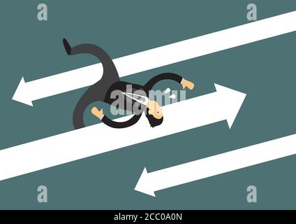 Business man running away from arrow attacks. Business concept of overcoming obstacles and challenges in the corporate world. Vector illustration. Stock Vector