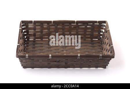 Front viewe of empty bamboo wicker tray isolated on white Stock Photo