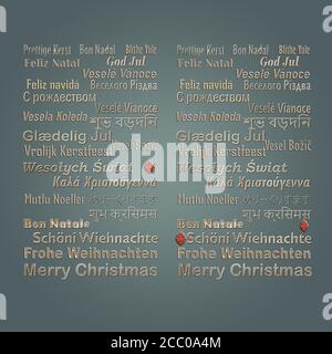 MERRY CHRISTMAS text in multiple languages with red hanging balls on pastel green background. Christmas word cloud banner. 3D illustration Stock Photo