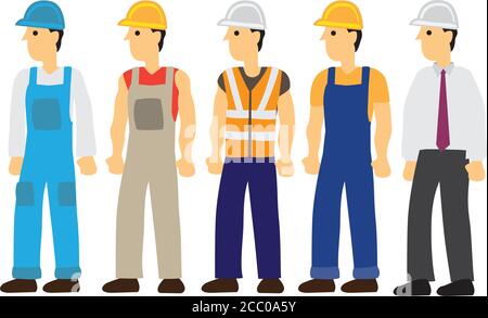Five construction workers character. Flat isolated vector illustration. Stock Vector