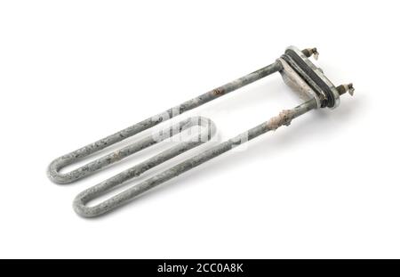 Old washing machine heating element isolated on white Stock Photo