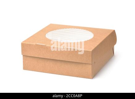 Brown paper box with round transparent window isolated on white background Stock Photo