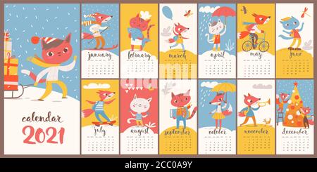 Cats and foxes vector 2021 calendar in flat style Stock Vector