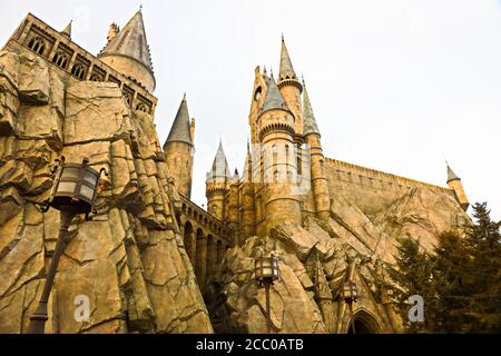 The Wizarding World of Harry Potter in Universal Studios Japan. Universal Studios Japan is a theme park in Osaka, Japan.Hogwarts Castle Stock Photo