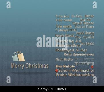 Merry Christmas TEXT In Different European, Eastern European, Hindi, Bengali, Indian, Japanese Languages and gold gift boxe on pastel blue background. 3D illustration Stock Photo