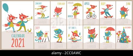 Vector 2021 calendar template with cats and foxes in kids cartoon style Stock Vector