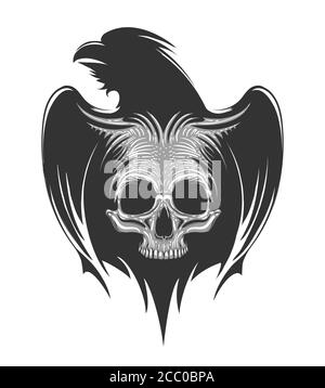 Silhouette of raven with human skull Tattoo. Emblem of death and witchery.Mythological symbol. Vector illustration. Stock Vector