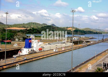 Bulk Carrier in Miraflores Locks Panama Canal Stock Photo