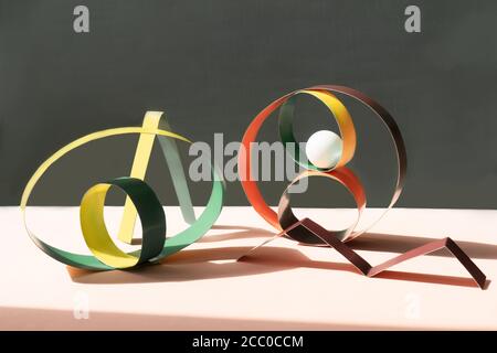 Scene with geometrical forms from carton. Natural autumn colors, yellow, orange, green, brown. Template for your product. Stock Photo
