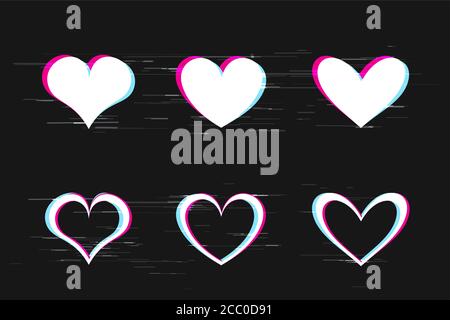 glitch hearts set on dark background Stock Vector