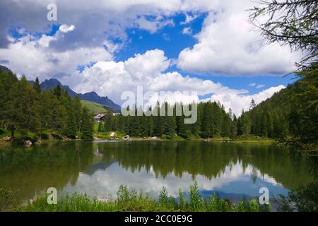 Panoramic view of San Pellegrino lake in the San Pallegrino pass in Trentino, Italy Stock Photo