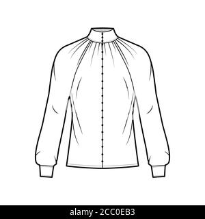 Shirred high-cut neck blouse technical fashion illustration with long sleeve with cuff, front button-fastening, loose silhouette. Flat apparel shirt template front, white color. Women, men unisex CAD Stock Vector