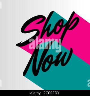Shop now button lettering text vector design with business symbol icon template for banner site page website element Stock Vector