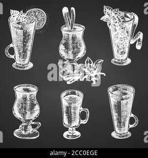 Set hand drawn sketch glasses for christmas alcoholic drink. Mulled wine Vintage design bar, restaurant, cafe menu Chalkboard background Creative Stock Vector